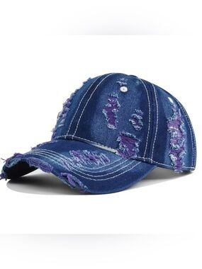 Distressed Denim Baseball Cap with Purple Accent